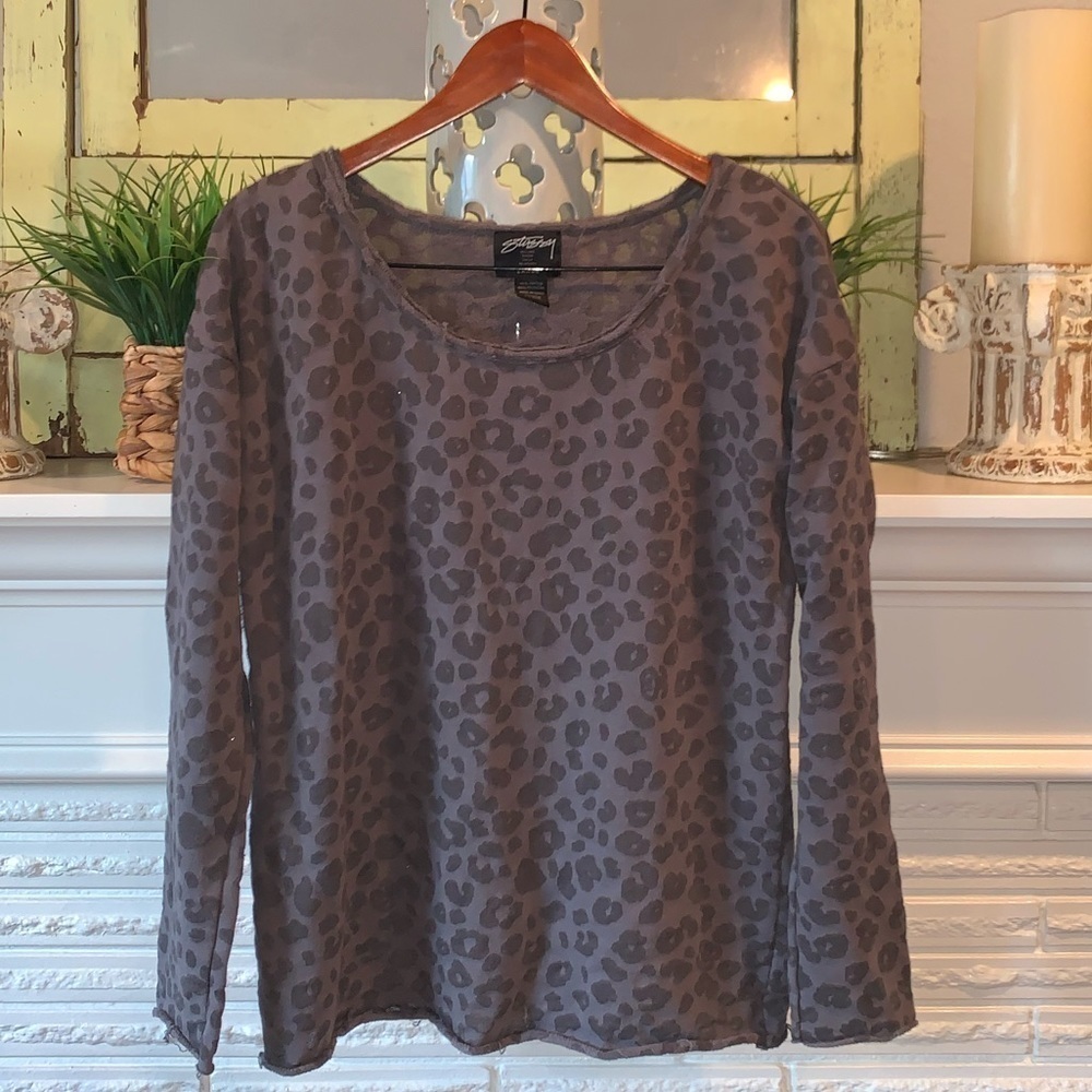 STUSSY Women’s Gray Leopard Print Slub Long Sleeve Raw Hem Top Size Large